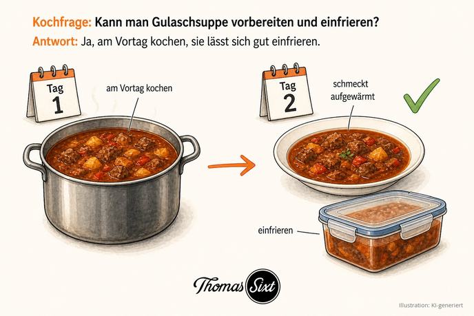 Kann man Gulaschsuppe vorbereiten und einfrieren: links ein großer Topf mit Kalenderblatt Tag 1, rechts ein Teller mit Kalenderblatt Tag 2 und eine Vorratsdose zum Einfrieren