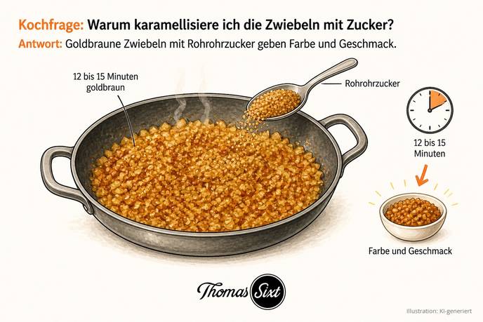 Warum karamellisiere ich die Zwiebeln mit Zucker: eine Pfanne mit vielen goldbraun gerösteten Zwiebelwürfeln, ein Löffel Rohrohrzucker und eine Uhr mit 12 bis 15 Minuten