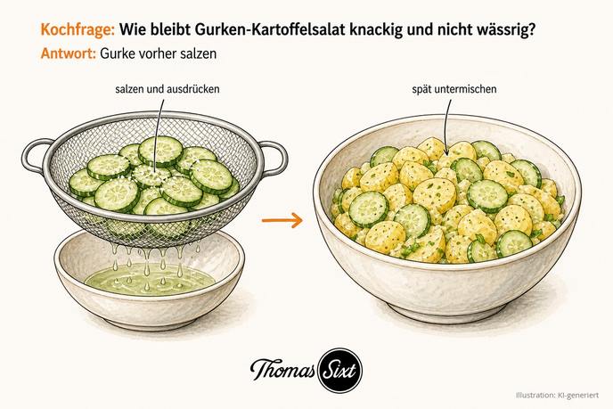 Gurkenscheiben in einem Sieb mit etwas Salz, darunter tropft Wasser in eine Schale, als Illustration