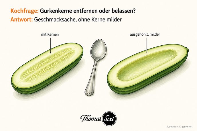 Halbierte Gurke mit Kernen neben einer ausgehöhlten Gurkenhälfte ohne Kerne als Illustration
