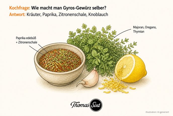 Schälchen mit Gyros-Gewürz aus Kräutern, Paprikapulver und Zitronenschale neben frischem Majoran und Oregano als Illustration