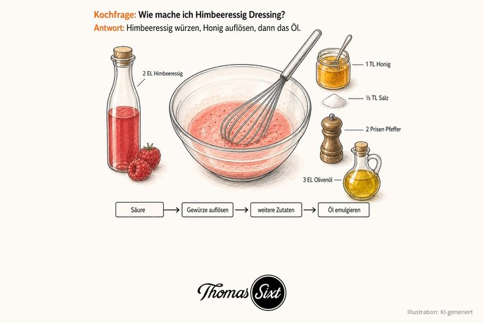 Glasschüssel mit zart rosafarbenem Dressing und Schneebesen, links eine Flasche Himbeeressig mit zwei Himbeeren, rechts ein Honigglas, Salz, Pfeffermühle und eine Olivenölflasche, darunter eine Ablaufleiste von Säure bis Öl emulgieren