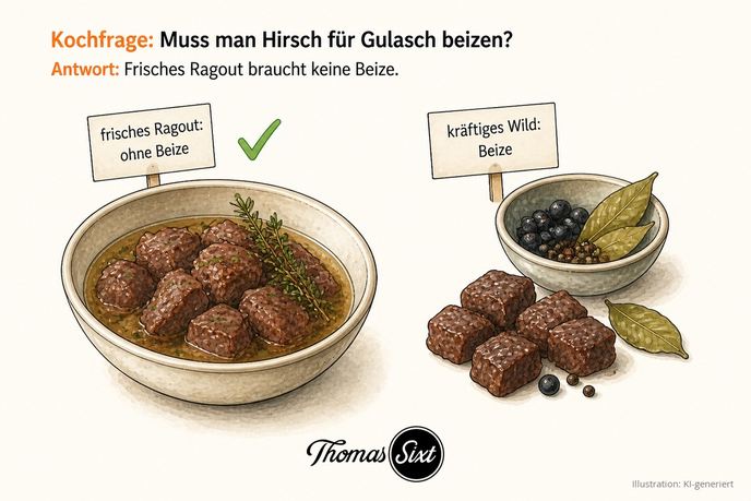 Muss man Hirsch für Gulasch beizen: links Hirschragout im Thymianfond ohne Beize, rechts ein Schälchen mit Beiz-Gewürzen Lorbeer, Wacholder und Pfefferkörnern