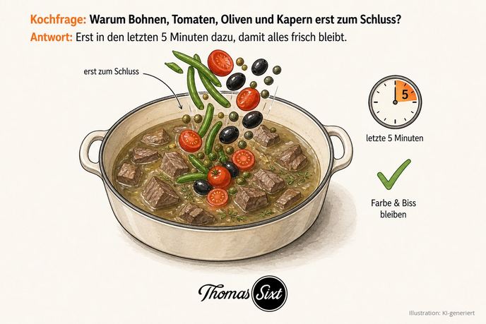 Warum Bohnen Tomaten Oliven und Kapern erst zum Schluss: ein offener Topf mit Hirschgulasch im Thymianfond, in den grüne Bohnen, gehäutete Tomaten, Oliven und Kapern gegeben werden, Hinweis letzte 5 Minuten
