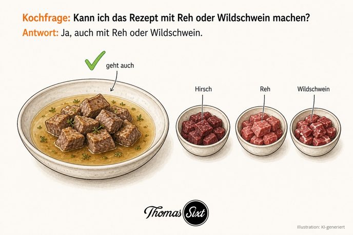 Kann ich das Rezept mit Reh oder Wildschwein machen: eine Schale Hirschgulasch im Thymianfond, daneben drei Schälchen mit Fleischwürfeln beschriftet Hirsch, Reh und Wildschwein