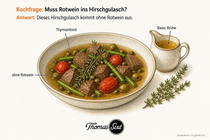 Muss Rotwein ins Hirschgulasch: eine Schale Hirschgulasch im Thymianfond mit Thymian, daneben ein Kännchen Brühe und der Hinweis ohne Rotwein