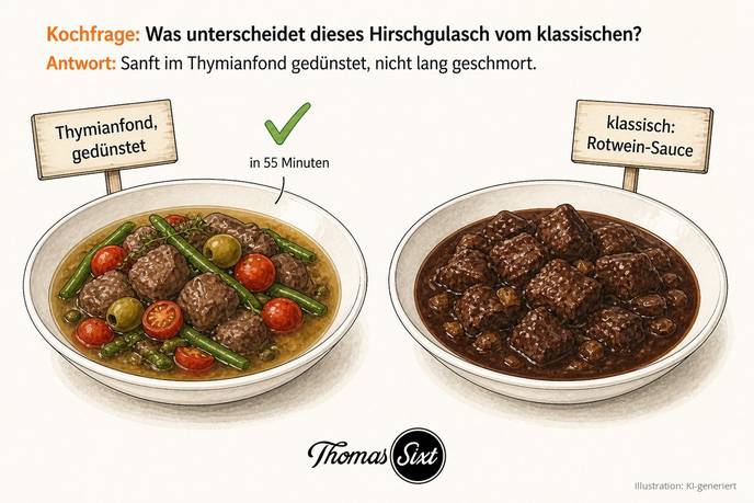Was unterscheidet dieses Hirschgulasch vom klassischen: links Hirschgulasch im Thymianfond mit Bohnen und Tomaten, rechts ein Teller mit dunkler Rotwein-Sauce