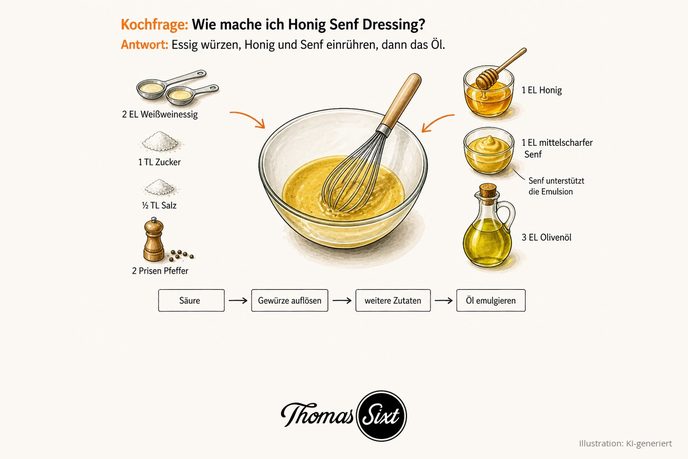 Glasschüssel mit goldgelbem Dressing und Schneebesen, links Esslöffel mit Essig, Zucker, Salz und Pfeffermühle, rechts ein Honigglas mit Löffel, ein Glas Senf und eine Olivenölflasche, darunter eine Ablaufleiste von Säure bis Öl emulgieren