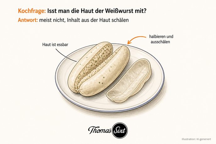 Halbierte Weißwurst mit aus der Haut geschältem Inhalt und der leeren Haut daneben als Illustration