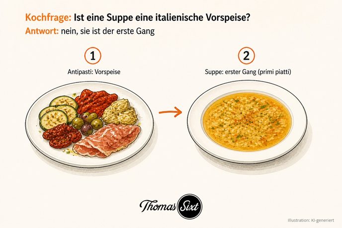 Antipasti-Teller mit Ziffer 1 als Vorspeise und Suppenteller mit Ziffer 2 als erster Gang als Illustration