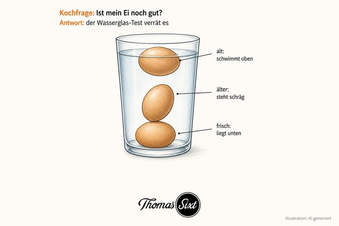 Wasserglas mit drei Eiern in verschiedenen Positionen als Illustration des Frischetests