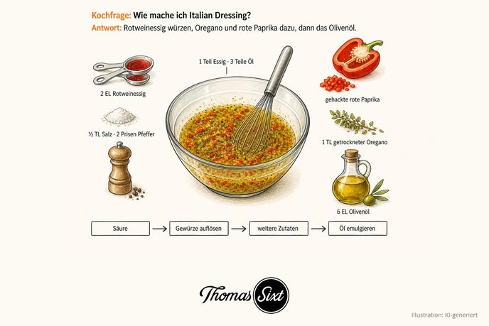 Glasschüssel mit gebundenem Dressing, in dem rote Paprikawürfel und Oreganoblättchen verteilt sind, links Esslöffel mit Rotweinessig, Salz und Pfeffermühle, rechts eine halbe rote Paprika mit gewürfelter Paprika, ein Oreganozweig und eine Olivenölflasche
