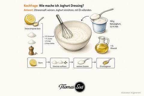 Schüssel mit weißem cremigem Dressing und Schneebesen, links eine halbe Zitrone, Zucker, Salz und Pfeffermühle, rechts ein Becher Naturjoghurt mit Löffel und ein Olivenölkännchen, darunter eine Ablaufleiste von Säure bis Öl emulgieren
