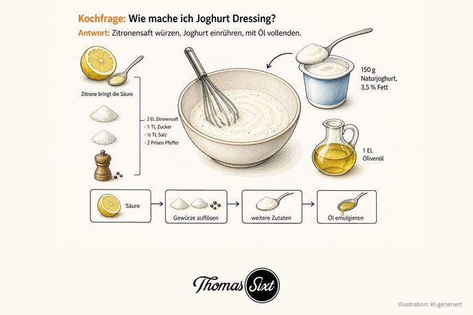Schüssel mit weißem cremigem Dressing und Schneebesen, links eine halbe Zitrone, Zucker, Salz und Pfeffermühle, rechts ein Becher Naturjoghurt mit Löffel und ein Olivenölkännchen, darunter eine Ablaufleiste von Säure bis Öl emulgieren