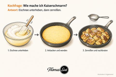 Drei Schritte: Rührschüssel mit hellgelbem Teig und weißer Eischneehaube, Pfanne mit geschlossener goldener Teigfläche, Pfanne mit gerissenen goldbraunen Schmarrnstücken und Puderzucker