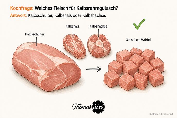 Welches Fleisch für Kalbsrahmgulasch: ein helles Stück Kalbsschulter und in 3 bis 4 cm Würfel geschnittenes Kalbsgulaschfleisch, mit Hinweis auf Schulter, Hals und Hachse