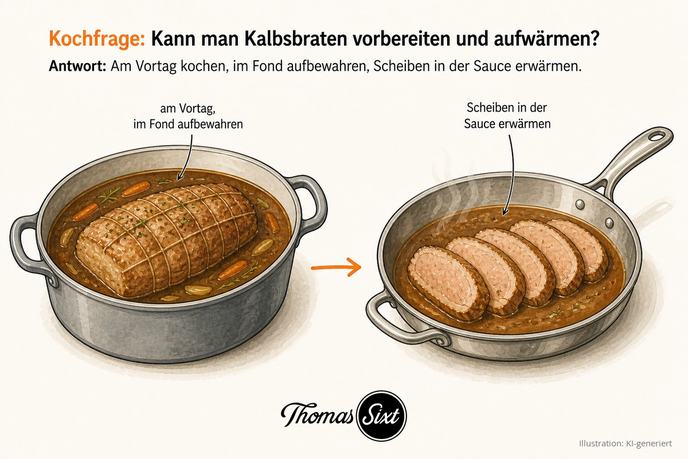 Grafik Kalbsbraten vorbereiten, Braten im Fond in einem Topf und Scheiben in brauner Sauce in einer Pfanne erwärmen