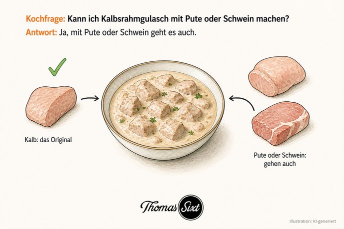 Kann ich Kalbsrahmgulasch mit Pute oder Schwein machen: eine Schale helles Rahmgulasch, links ein Stück Kalbfleisch als Original, rechts Puten- und Schweinefleisch als Alternativen