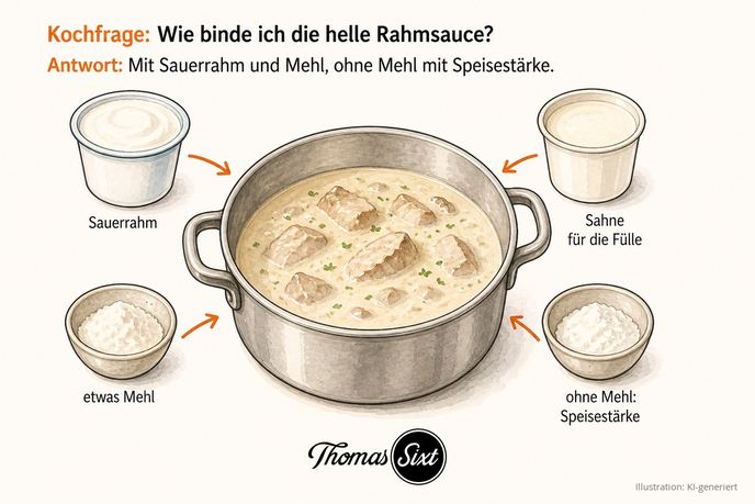 Wie binde ich die helle Rahmsauce: ein Topf mit gebundener Rahmsauce und Kalbfleisch, drumherum Sauerrahm, Sahne, etwas Mehl und Speisestärke als Alternative ohne Mehl