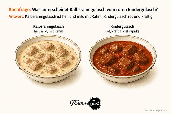 Was unterscheidet Kalbsrahmgulasch vom roten Rindergulasch: links eine helle Rahmsauce mit Kalbfleisch, rechts eine dunkelrote Paprikasauce mit Rindfleisch