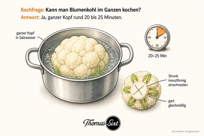 Grafik Kann man Blumenkohl im Ganzen kochen, ein ganzer Blumenkohlkopf in einem Topf mit Salzwasser, eine Uhr mit 20 bis 25 Minuten und der Kopf von unten mit kreuzförmig eingeschnittenem Strunk