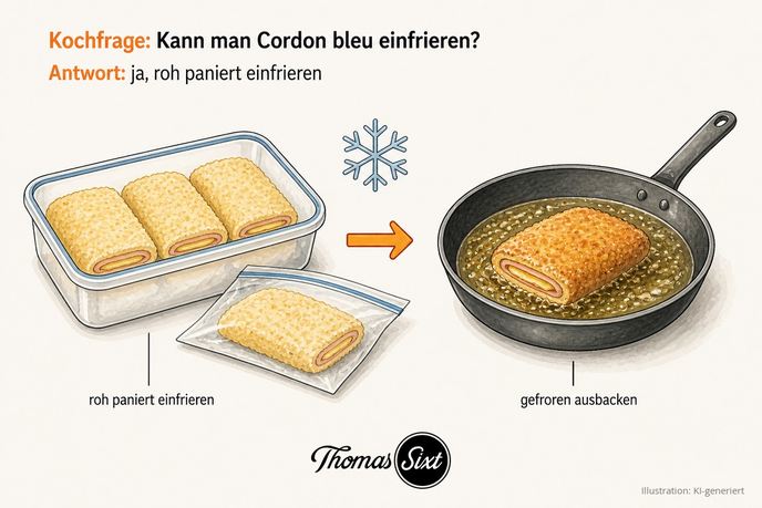 Rohe panierte Cordon bleu in einer Gefrierdose mit Schneeflocken-Symbol, daneben gefroren in der Pfanne, als Illustration