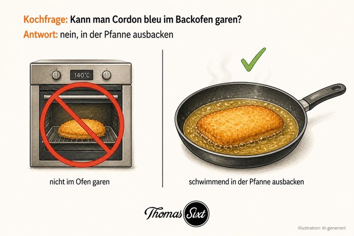 Durchgestrichener Backofen und eine Pfanne mit Cordon bleu schwimmend im Öl als Illustration