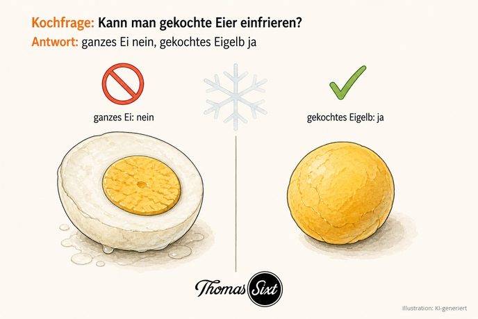 Ganzes hart gekochtes Ei mit Verbotszeichen und ein gekochtes Eigelb mit Häkchen als Illustration zum Einfrieren