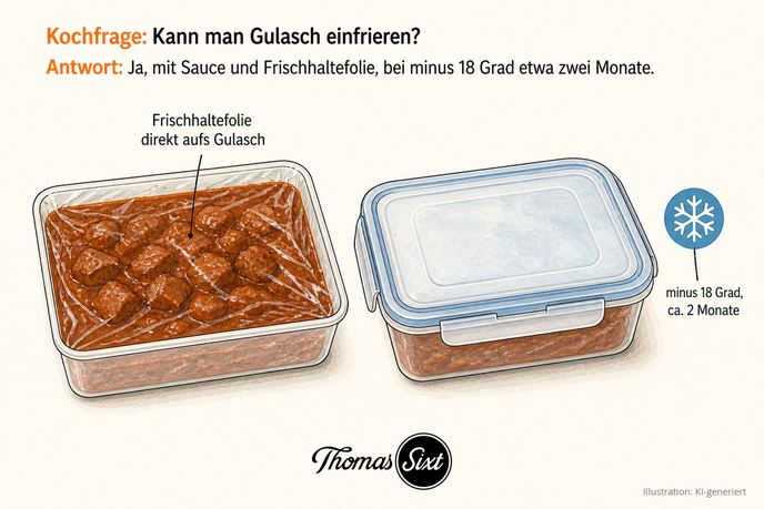 Grafik Gulasch einfrieren, offener Tiefkühlbehälter mit Rindergulasch in Sauce und direkt aufgedrückter Frischhaltefolie und geschlossener Behälter mit Frost-Symbol minus 18 Grad etwa zwei Monate