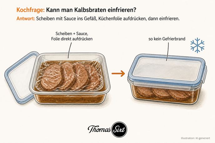 Grafik Kalbsbraten einfrieren, Fleischscheiben in Sauce im Gefriergefäß mit direkt aufgedrückter Küchenfolie und geschlossenes Gefäß mit Frost-Symbol gegen Gefrierbrand