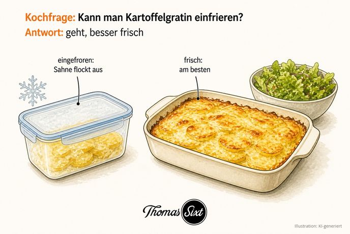 Gefrierdose mit Kartoffelgratin neben einem Bräter mit frischem Gratin und Salat, als Illustration