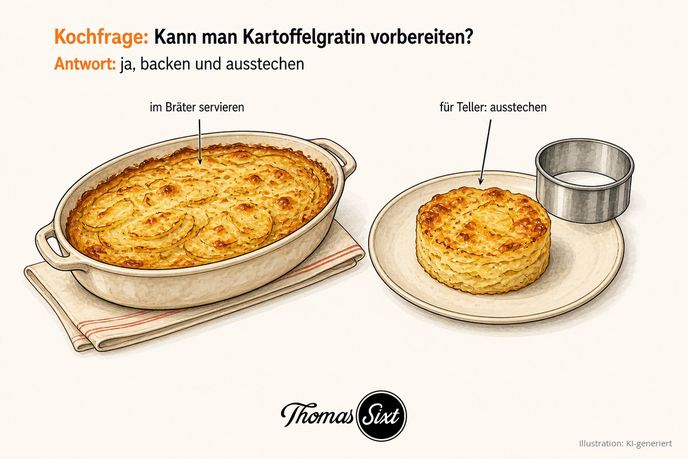 Ausgestochene Portionen Kartoffelgratin auf einem Blech, daneben die Auflaufform, als Illustration