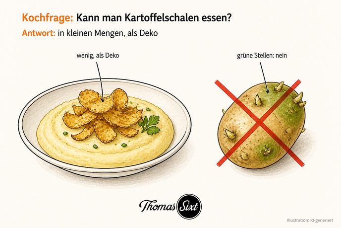 Einige knusprige Kartoffelschalen-Chips als Deko auf einem Teller, daneben eine grüne Kartoffel durchgestrichen, als Illustration