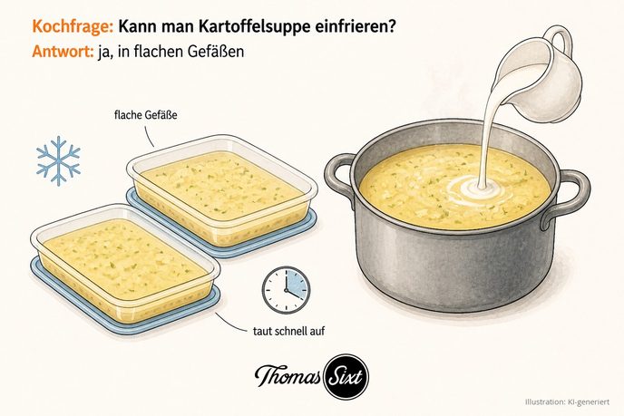 Flache Gefäße mit Kartoffelsuppe neben einem Topf, als Illustration