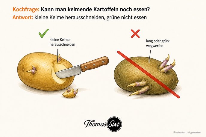 Kartoffel mit kleinen Keimen, ein Messer schneidet die Keime großzügig heraus, daneben eine grüne Kartoffel durchgestrichen, als Illustration