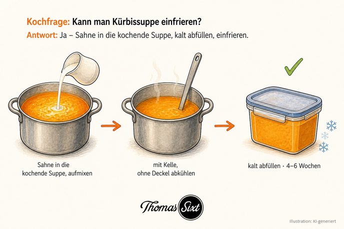 Kürbissuppe einfrieren in drei Schritten: Sahne in die kochende Suppe rühren und aufmixen, mit eingelegter Kelle ohne Deckel abkühlen, kalt in eine Dose abfüllen und einfrieren