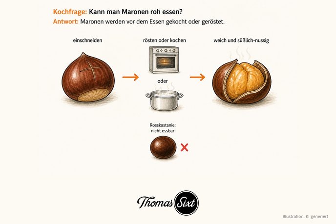 Eingeschnittene Marone, Backofen und Kochtopf als Garwege und eine geröstete aufgesprungene Marone, dazu eine durchgestrichene Rosskastanie, Illustration