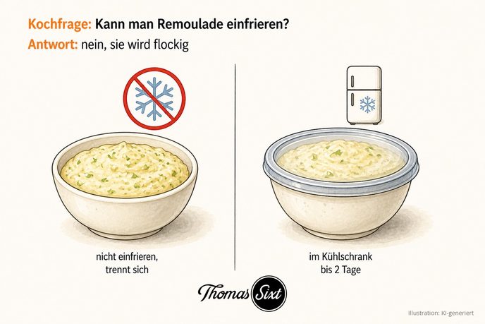 Remoulade mit durchgestrichenem Schneeflocken-Symbol und abgedecktes Schälchen mit Kühlschrank-Symbol als Illustration