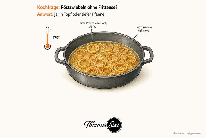 Röstzwiebeln frittieren in einer tiefen Pfanne bei 175 Grad, Thermometer daneben, als Illustration