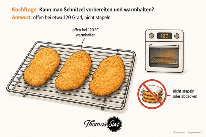 Panierte Schnitzel liegen einzeln auf einem Gitter im Ofen bei 120 Grad, gestapelt durchgestrichen, als Illustration