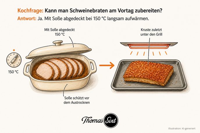 Links eine abgedeckte Bratenform mit aufgeschnittenem Braten in Soße und Ofenregler 150 Grad, Pfeil nach rechts zu einem Blech mit knuspriger Schwarte unter den Grillstäben