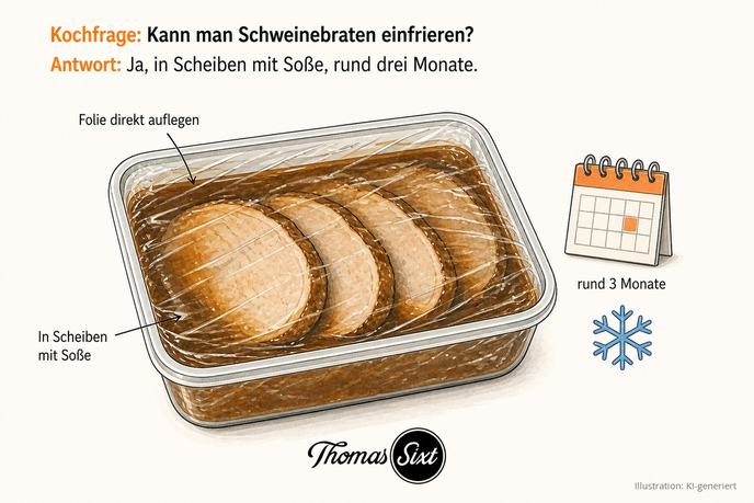 Gefrierdose mit vier Bratenscheiben in dunkler Soße, darüber liegt Frischhaltefolie, rechts ein Kalenderblatt mit der Zahl 3 Monate und eine Schneeflocke