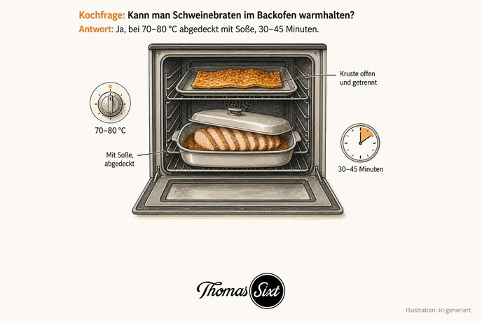 Geöffneter Backofen mit zwei Ebenen, oben liegt eine knusprige Schwarte offen auf einem Blech, unten steht eine abgedeckte Form mit Bratenscheiben in Soße, daneben Regler 70–80 °C und Uhr mit 30–45 Minuten