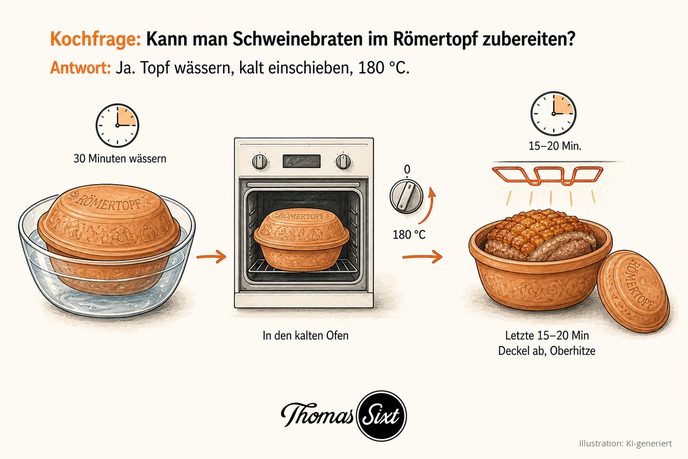 Drei Schritte nebeneinander: Römertopf in einer Schüssel mit Wasser und Uhr mit 30 Minuten, derselbe Topf geschlossen im kalten Backofen mit Regler auf 180 Grad, rechts der offene Topf mit knuspriger Kruste unter Oberhitze und Uhr mit 15–20 Minuten