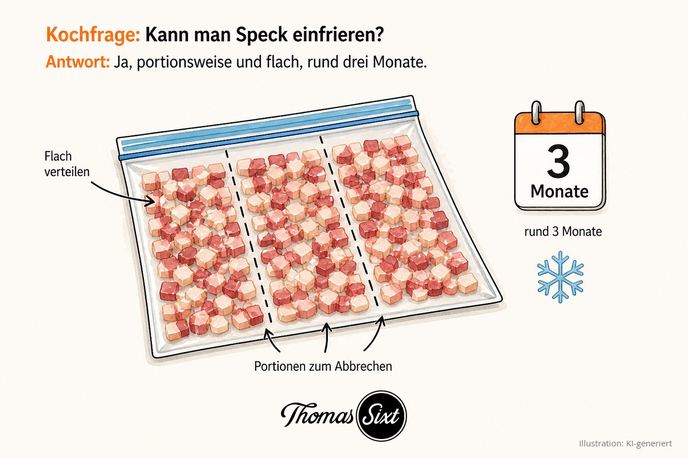 Flach liegender Gefrierbeutel mit gleichmäßig verteilten Speckwürfeln, zwei gestrichelte Linien teilen ihn in drei Portionen, rechts ein Kalenderblatt mit der Zahl 3 Monate und eine Schneeflocke