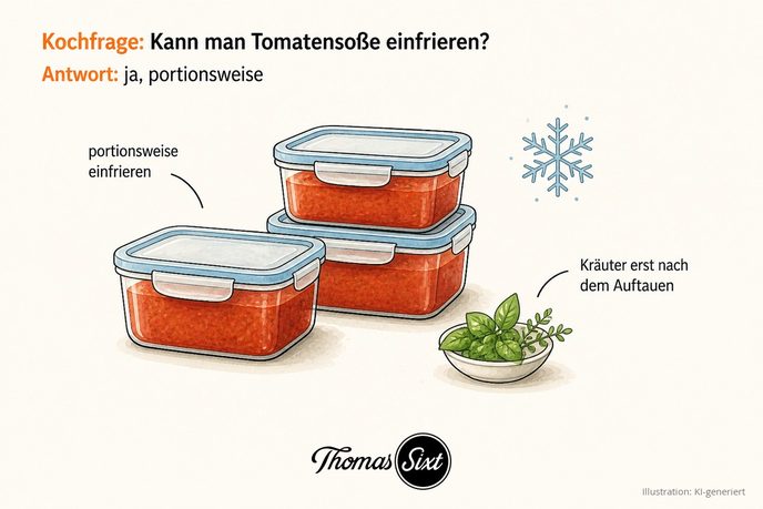 Tomatensauce in Gefrierdosen mit Schneeflocken-Symbol und eine Schale frischer Kräuter als Illustration