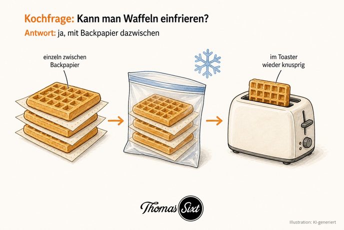 Waffeln mit Backpapier dazwischen in einem Gefrierbeutel neben einem Toaster mit Waffel als Illustration