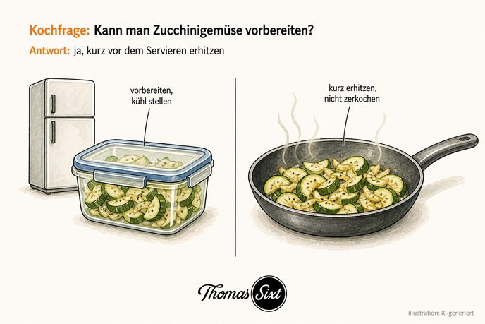 Vorbereitetes Zucchinigemüse in einer Frischhaltedose neben Kühlschrank und Pfanne zum kurzen Erhitzen als Illustration