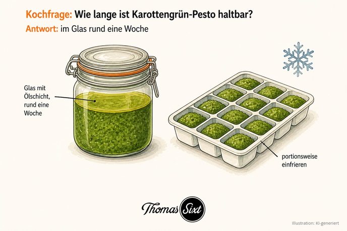Glas mit grünem Pesto und Ölschicht neben einer Eiswürfelform mit Pesto als Illustration