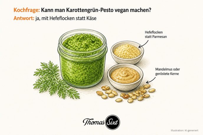 Glas grünes Pesto mit einem Schälchen Hefeflocken und gerösteten Kernen als Illustration
